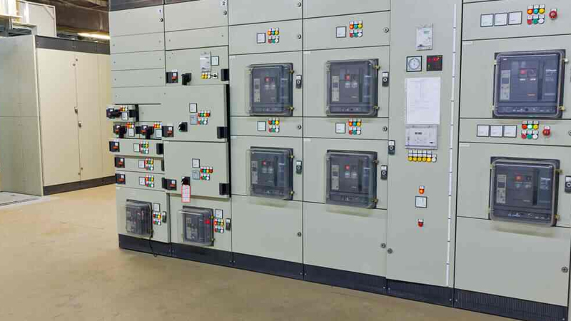 Industrial UPS AMC technician performing preventive maintenance on three-phase UPS system in factory electrical room