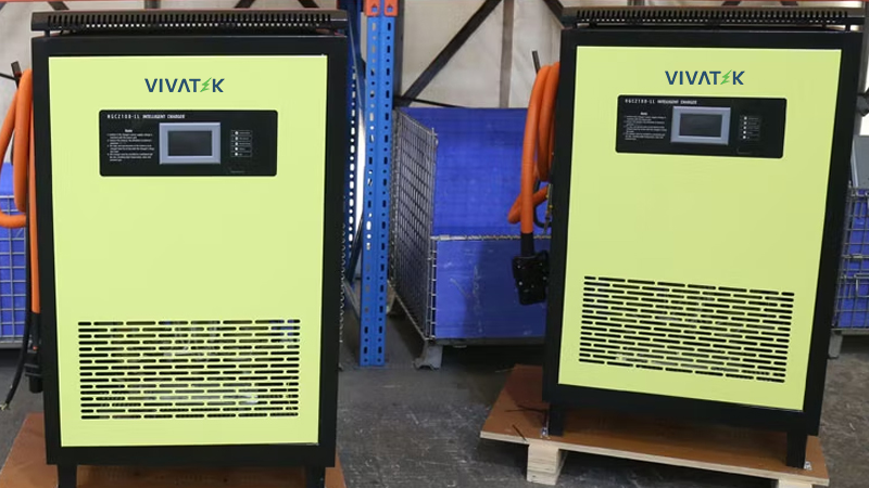 Lithium battery charger India automatic CC/CV BMS sync forklift factory Vivatek RapidAuto 48V 500Ah