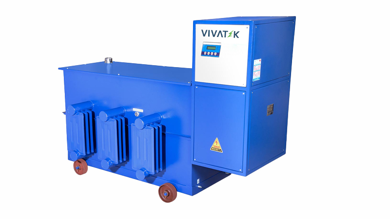 Industrial servo voltage stabilizers manufactured for reliable three-phase power protection in factories and industrial plants.