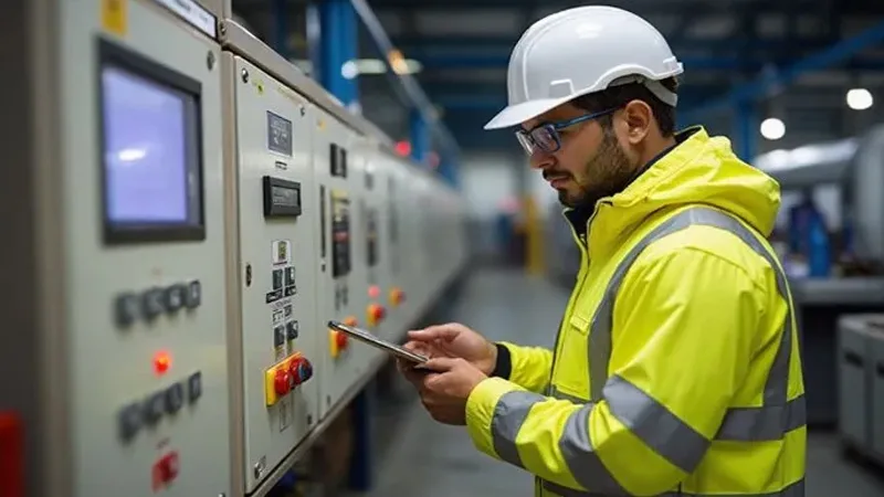 Industrial servo stabilizer preventive maintenance inspection inside manufacturing factory with electrical engineer checking voltage correction system
