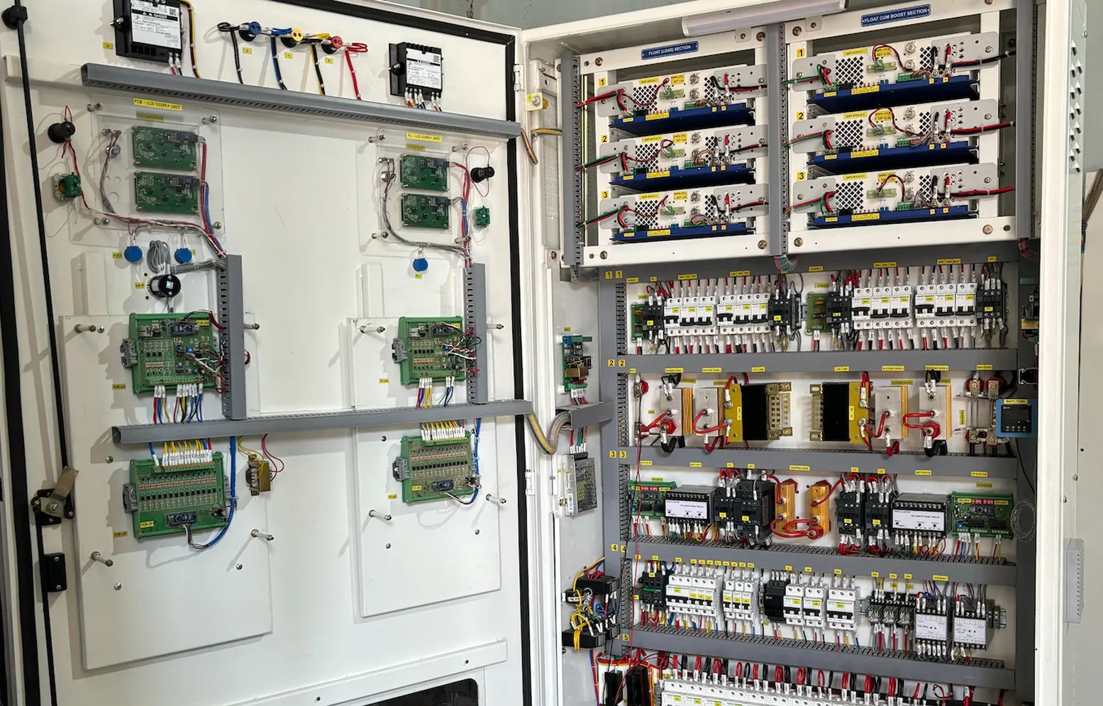 Industrial SMPS battery charger and thyristor charger infrastructure for telecom systems, substations, and industrial battery backup applications